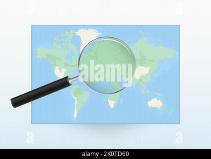 Carte du monde avec une loupe pour le Liechtenstein, recherche le Liechtenstein avec la loupe. Carte vectorielle. Illustration de Vecteur