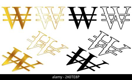 Ensemble de sud-coréens won KRW devise Golden signes, silhouette et contour isométrique vue de dessus et de face isolé sur fond blanc. Devise de Repub Illustration de Vecteur