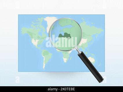 Carte du monde avec une loupe dirigée vers la Lettonie, recherchant la Lettonie avec la loupe. Carte vectorielle. Illustration de Vecteur