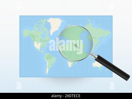 Carte du monde avec une loupe dirigée vers l'Arménie, recherchant l'Arménie avec la loupe. Carte vectorielle. Illustration de Vecteur