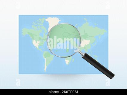 Carte du monde avec une loupe dirigée vers Monaco, recherche Monaco avec loupe. Carte vectorielle. Illustration de Vecteur