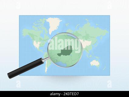 Carte du monde avec une loupe dirigée vers le Niger, recherche Niger avec loupe. Carte vectorielle. Illustration de Vecteur