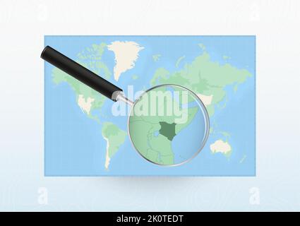 Carte du monde avec une loupe dirigée vers le Kenya, recherchant le Kenya avec la loupe. Carte vectorielle. Illustration de Vecteur