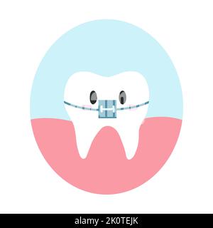 Jolie dent saine avec bretelles en forme de dessin animé. Illustration vectorielle du caractère sain des dents, structures fixes orthodontiques, soins dentaires Illustration de Vecteur