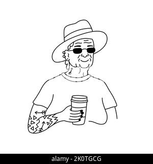 Vieille femme avec thé ou café tatouage. Illustration des dessins au trait pour l'impression, la conception graphique, les autocollants et le modèle d'affiche Illustration de Vecteur