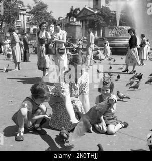 Années 1950, historique, avec ses deux jeunes filles à côté d'elle, une dame avec elle une main tendue nourrissant les pigeons à Trafalgar Square, Londres, Angleterre, Royaume-Uni. Une activité traditionnelle depuis plus de cent ans, des troupeaux de pigeons descendaient sur la place pour recevoir de la nourriture de ceux qui visitaient le célèbre monument du centre de Londres. Banque D'Images