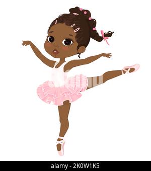 Adorable dancing de fille de ballerine afro-américaine. Petite fille à peau foncée en robe Tutu rose et pointe Illustration de Vecteur