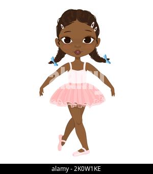 Adorable dancing de fille de ballerine afro-américaine. Petite fille à peau foncée en robe Tutu rose et pointe Illustration de Vecteur