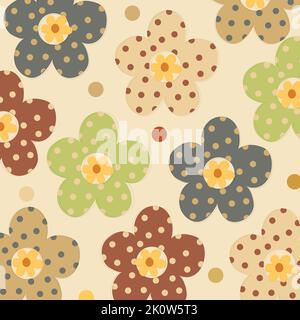 Motif vectoriel de fleurs Groovy à pois rétro. Motif d'éléments vintage de fleurs de camomille et de marguerites abstraites biologiques. 70s, 80s, 90s stylisées à pois Illustration de Vecteur