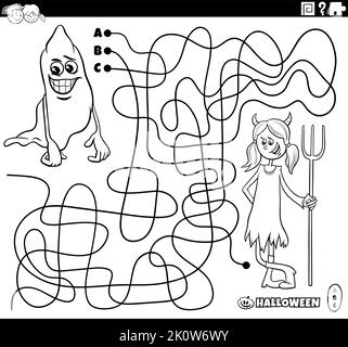 Dessin animé noir et blanc illustration de lignes labyrinthe puzzle avec bande dessinée fantôme et diable fille personnages sur Halloween page de coloriage temps Illustration de Vecteur