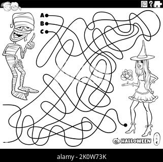 Dessin animé noir et blanc illustration de lignes labyrinthe puzzle avec comic sorcière et personnages sur Halloween page de coloriage temps Illustration de Vecteur