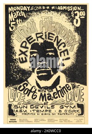 Jimi Hendrix Experience 1968 Tempe, Arizona concert Handbill. Un dépliant publicitaire pour Jimi Hendrix et The Soft machine se produisant à l'université d'État de l'Arizona au début de 1968. Banque D'Images