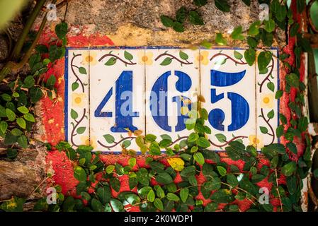 Numéros de maison de style espagnol sur carreaux de céramique couverts de vignes à Belo Horizonte, Minas Gerais, Brésil. Banque D'Images