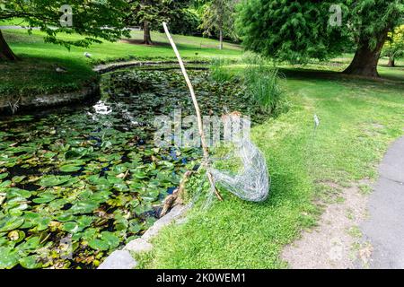 La sculpture en fil métallique de Leo Mandal, le pêcheur, qui fait partie de la série Sculpture in Context dans les Jardins botaniques nationaux, en Irlande. Banque D'Images