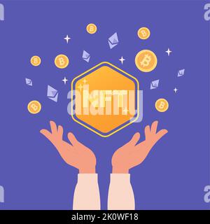 Illustration NFT. Les mains tiennent nft, autour de laquelle il y a des bitcoins et des pièces éthérées. Art vectoriel moderne de style plat sur fond violet. Illustration de Vecteur