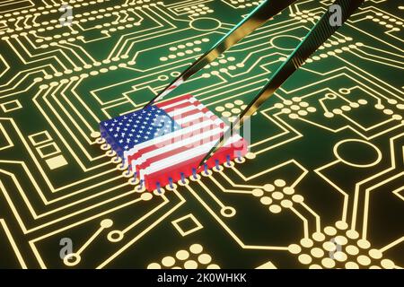 Un processeur avancé imprimé avec un drapeau des Etats-Unis maintenu par des pinces sur une carte de circuit imprimé électronique au néon. Les États-Unis ont fabriqué des micro-puces haut de gamme. Banque D'Images