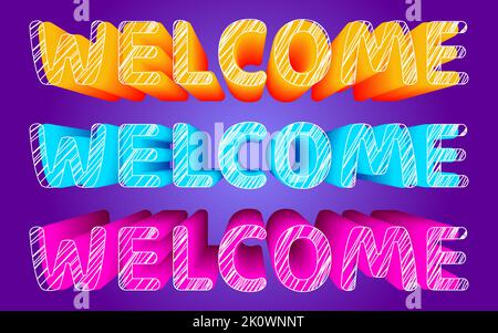 Bienvenue de couleur vive pointilliste de pointillées escribing plat isométrique festif. Orange bleu rose signe blanc linéaire ombré bannière vacances coloré enfants amusant résumé 3D volume papier peint halloween anniversaire Illustration de Vecteur