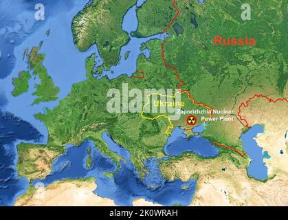 Centrale nucléaire de Zaporizhzhia en Ukraine sur la carte de l'Europe, point chaud de la guerre Russie-Ukraine. Thème de la station de Zaporizhjia, carte, frontière, crise mondiale an Banque D'Images