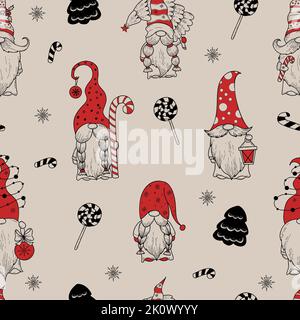 Motif sans couture. Gnomes scandinaves de Noël avec bâton de caramel, lanterne, lanterne et arbre de noël sur fond de flocons de neige. Vecteur linéaire Illustration de Vecteur
