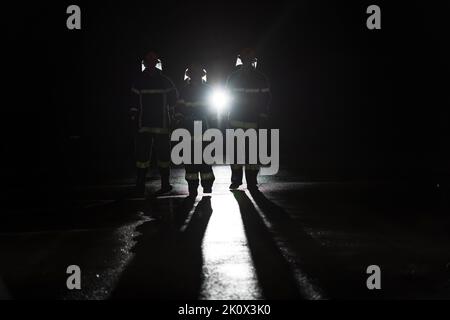 Portrait d'un groupe de pompiers debout et marchant courageux et optimiste avec une femme comme chef d'équipe. Banque D'Images