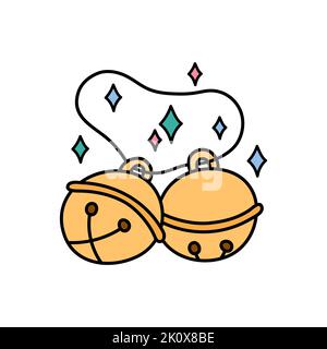 Cloches isolées. Gribouillages vectoriels. Deux cloches dorées en traîneau de Noël avec étoiles. Illustration de l'objet de conception. Symbole Noël et hiver. Illustration de Vecteur