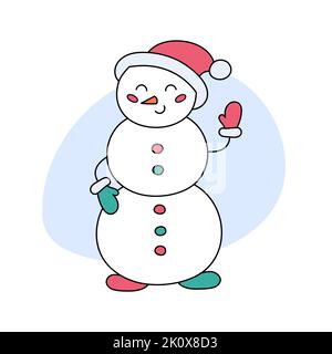 Bonhomme de neige isolé. Illustration vectorielle d'un joli bonhomme de neige en chapeau de père Noël. Symbole Noël et hiver. Illustration de Vecteur