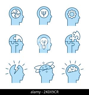 Icônes de santé mentale, comme le cerveau, l'esprit, l'anxiété, la dépression et plus encore. Illustration vectorielle. Contour modifiable. Illustration de Vecteur