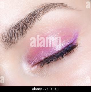 Gros plan de l'œil féminin fermé. Femme avec le maquillage naturel de beauté de visage de vogue de soirée. Fille avec une peau parfaite et des yeux roses ombres. Banque D'Images