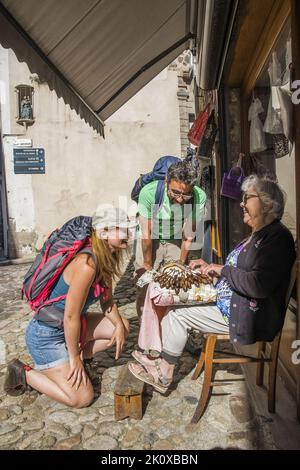 France. Auvergne. Haute-Loire (43) le Puy-en-Velay. Sur le chemin de Compostelle (via Podiensis) rencontre avec un lacemaker dans les ruelles du vieux Puy Banque D'Images