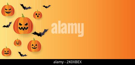 Vecteur de bannière Halloween. Arrière-plan Halloween avec chauves-souris et citrouille en papier coupé. Arrière-plan orange. Illustration de Vecteur