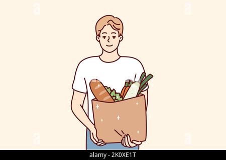 Portrait d'un jeune homme souriant avec sac d'épicerie. Un gars heureux tenant le paquet avec des marchandises et des produits. Shopping et nutrition. Illustration vectorielle. Illustration de Vecteur