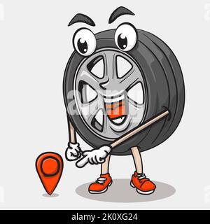 sourire visage pneu caractère pointant emplacement. funky pneu mascotte illustration d'icône Illustration de Vecteur