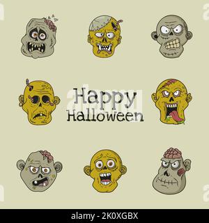Collection Happy Halloween lettering et zombie Heads Illustration de Vecteur