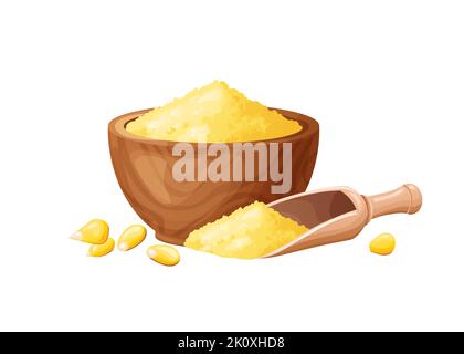 Farine de maïs dans un bol en bois avec graines. Aliments sains sans gluten. Poudre en produit biologique. Illustration vectorielle isolée sur fond blanc Illustration de Vecteur