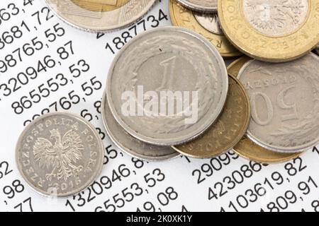 Coins Polish Zloty PLN et une feuille de calcul Banque D'Images