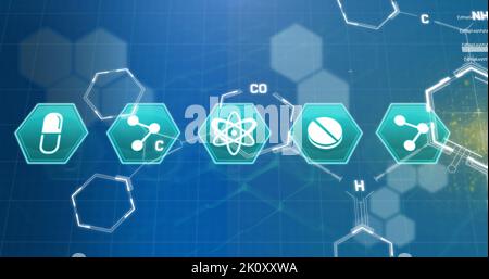 Image d'icônes médicales et de formules chimiques avec traitement des données sur fond bleu Banque D'Images