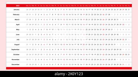 Calendrier linéaire 2023. Conception claire. Grille horizontale avec dimanche sélectionné. Calendrier annuel organisateur, planificateur. Modèle en anglais et simple. Illustration de Vecteur