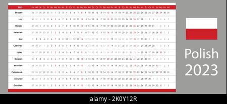 Calendrier linéaire 2023. Conception claire. Grille horizontale avec dimanche sélectionné. Calendrier annuel organisateur, planificateur. Langue polonaise et modèle simple. Illustration de Vecteur