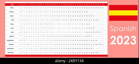 Calendrier linéaire 2023. Conception claire. Grille horizontale avec dimanche sélectionné. Calendrier annuel organisateur, planificateur. Langue espagnole et modèle simple. Illustration de Vecteur