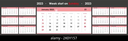 Calendrier pour 2023. Un organisateur et un planificateur pour chaque jour. Début de la semaine le dimanche. ensemble de 12 mois. Disposition du mur. Effacer le modèle. Illustration de Vecteur