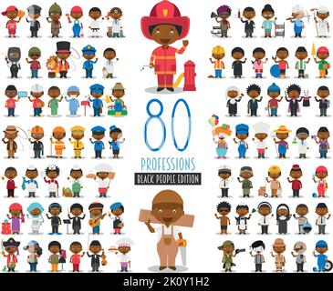 Collection de personnages vectoriels pour enfants : ensemble de 80 professions différentes dans un style de dessin animé. Caractères noirs ou afro-américains. Illustration de Vecteur