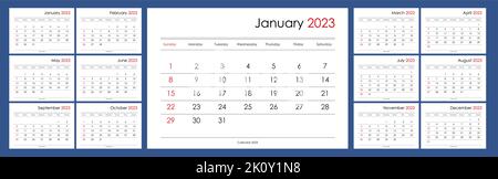 Calendrier pour 2023. Un organisateur et un planificateur pour chaque jour. Début de la semaine le dimanche. ensemble de 12 mois. Disposition du mur. Effacer le modèle. Illustration de Vecteur