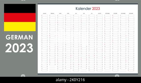 2023 planificateur. Calendrier au format horizontal standard et style simple. Dimanche de couleur rouge clair. Organisateur mural, modèle de planificateur annuel. Illustration de Vecteur