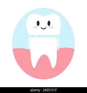 Restauration de la couronne dentaire sur la dent dans le style de dessin animé plat. Illustration vectorielle du caractère sain des dents, concept de soins dentaires, hygiène buccale Illustration de Vecteur