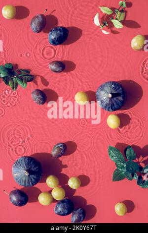 Arrière-plan panoramique de la bannière aquatique. Fruits frais mûrs de figues et tranches nageant dans l'eau. Lumière naturelle directe du soleil avec ombres. Ondulations, anneaux d'eau Banque D'Images