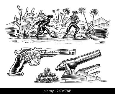 Les pirates se battent avec des épées sur fond de paysage tropical. Revolver et canon. Dessin gravé à la main, croquis vintage pour tatouage ou imprimé Illustration de Vecteur