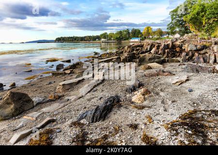 Vue panoramique sur la côte rocheuse de la baie Penobscot dans le Maine sous la lumière du matin. Banque D'Images