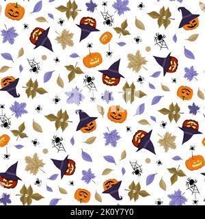 Motif sans couture avec têtes de citrouille en chapeau pointu, feuilles d'érable et araignées, arrière-plan festif Halloween. Imprimé brillant pour les textiles, les cartes postales et le design. Illustration vectorielle plate Illustration de Vecteur