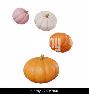 jeu de quatre citrouilles de différentes tailles et formes pour le rendu de fond blanc isolé d'halloween 3d. Nourriture de vacances. Décoration de fête. Arrière-plan de l'espace Banque D'Images