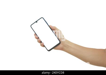 Smartphone mobile portable avec écran blanc vierge isolé sur fond blanc avec chemin d'écrêtage. Banque D'Images